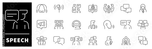Speech icon set. Thin line icons set related to speech and talking. Communication related icons. Speech, talk, discussion, speech bubble, dialog vecor icons