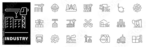 Industry icon set. Thin line icons set related to industry and manufacturing. Industry web icons in line style. Collection of industrial related outline icons