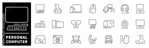 Personal computer icon set. Thin line icons set related to personal computer and devices. PC web icons in line style. Collection of computer related outline icons