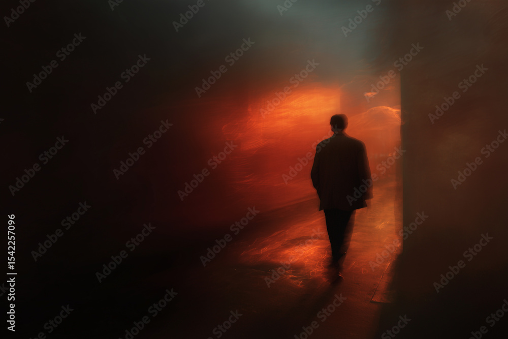 Fototapeta premium Mysterious Man Walking Through Fiery, Abstract Light Tunnel at Night