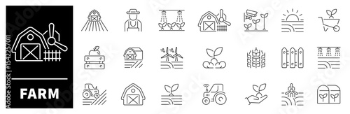 Farm icon set. Thin line icons set related to farm and agriculture. Farming web icons collection in line style.