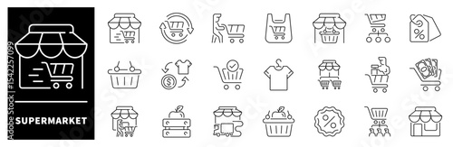 Supermarket icon set. Thin line icons set related to Supermarket and shopping. Supermarket icons collection in line style. Supermarket, mall, hypermarket, market, store, shopping icons