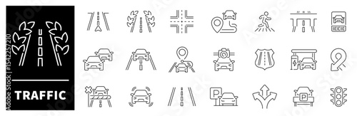 Traffic icon set. Thin line icons set related to traffic and driving. Traffic icons collection in line style.