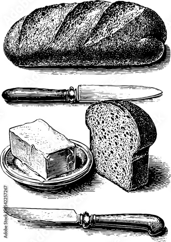 Vintage bread and butter with knife illustration for culinary designs