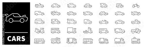 Car vector icons collection. Thin line icons related to vehicles and cars. Car shapes vector icons in line style. Sedan, coupe, hatchback, SUV, convertible, station wagon, minivan, pickup truck, roads