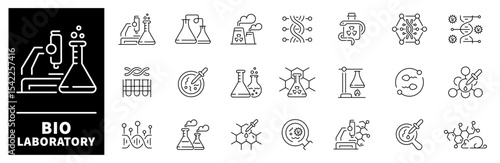 Bio laboratory vector icons collection. Thin line icons related to biotechnology and laboratory. Bio laboratory vector icons in line style