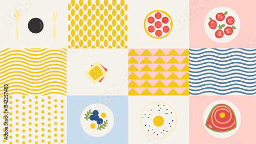 A collection of food themed illustrations with patterns and simple designs in a grid arrangement