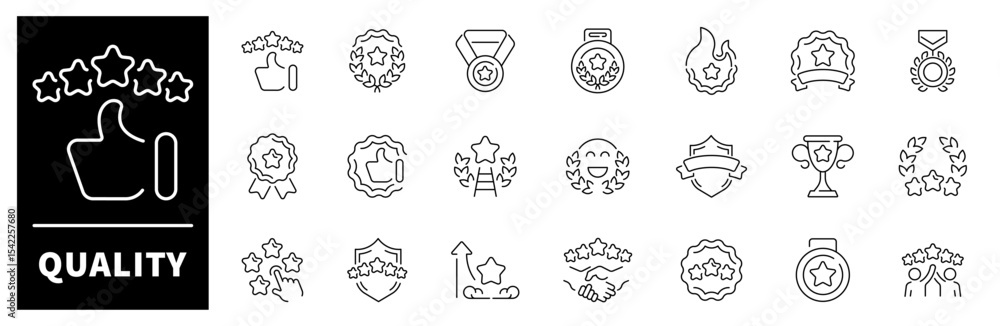 Quality vector icons collection. Thin line icons related to quality and rating. Quality vector icons in line style Quality vector icons collection. Thin line icons related to quality and rating. Quality vector icons in line style