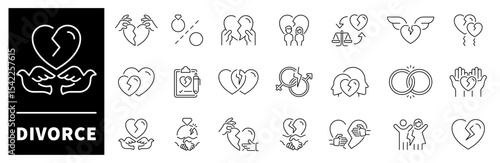 Divorce vector icons collection. Thin line icons related to divorce and separation. Divorce vector icons in line style