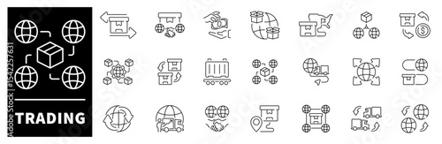 Trading vector icons collection. Thin line icons related to exports and imports. International trading vector icons in line style