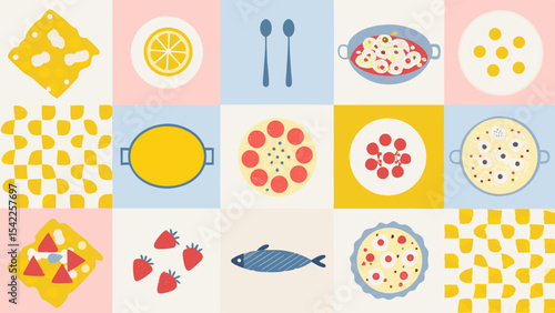 Colorful grid of food items including cheese, lemon, spoons, fish, strawberries, and various dishes of food