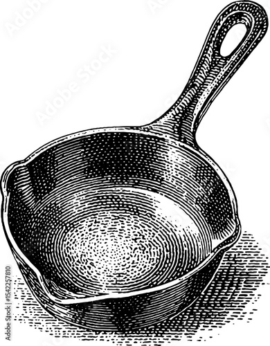 Vintage cast iron pan in engraving style for antique kitchen decor