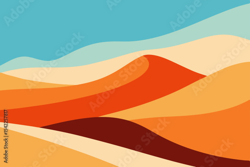 Sun-kissed desert landscape with orange sand dunes, distant mountains, and a clear sky, illustrating the hot, natural beauty of summer