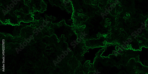 Abstract dark background featuring swirling green neon wisps and smoky, misty patterns over a black backdrop. Organic, ethereal effect resembling energy currents, plasma flow, or mystical fog