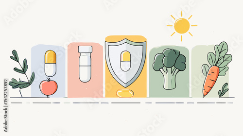 Health and immunity concept with vitamins, supplements, and vegetables icons Nutrition and diets