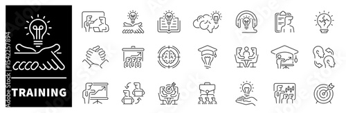 Training vector icons. Thin line icons related to training and seminar. Training vector icons in line style