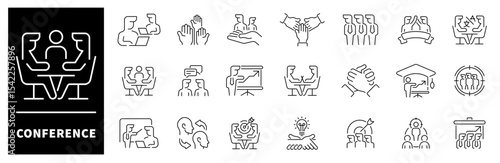 Conference vector icons. Thin line icons related to conference and meeting. Conference vector icons in line style