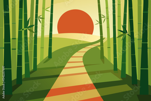 Sunset casts long shadows across a serene green bamboo forest, its natural columns forming a captivating natural corridor