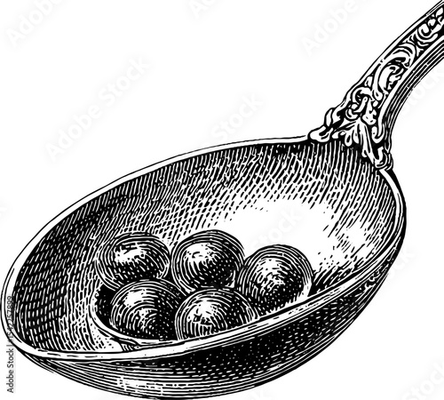 Vintage engraving of caviar spoonful with classic aesthetic for culinary art design