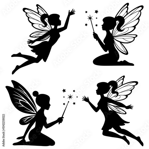 Silhouette illustration of four magical fairies
