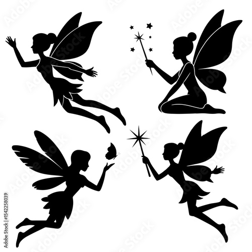 Silhouette illustration of four winged fairies