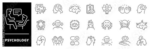 Psychology vector icons. Thin line icons related to psychology and mental health. Psychology vector icons in line style