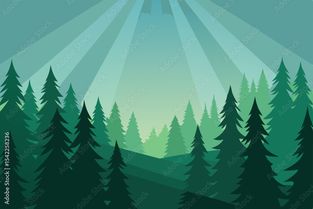 Fototapeta premium Green forest vector illustration for a seamless winter holiday celebration pattern with pine trees and snow