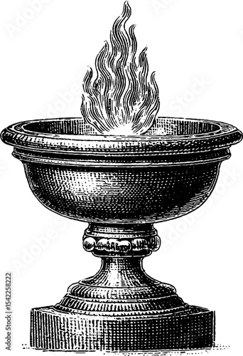 Vintage engraving of chalice with flame symbolizing ritualistic ceremonies and mysticism