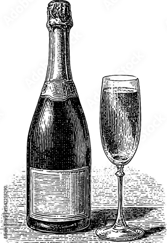 Elegant champagne bottle and flute in vintage engraving style for classic celebration design