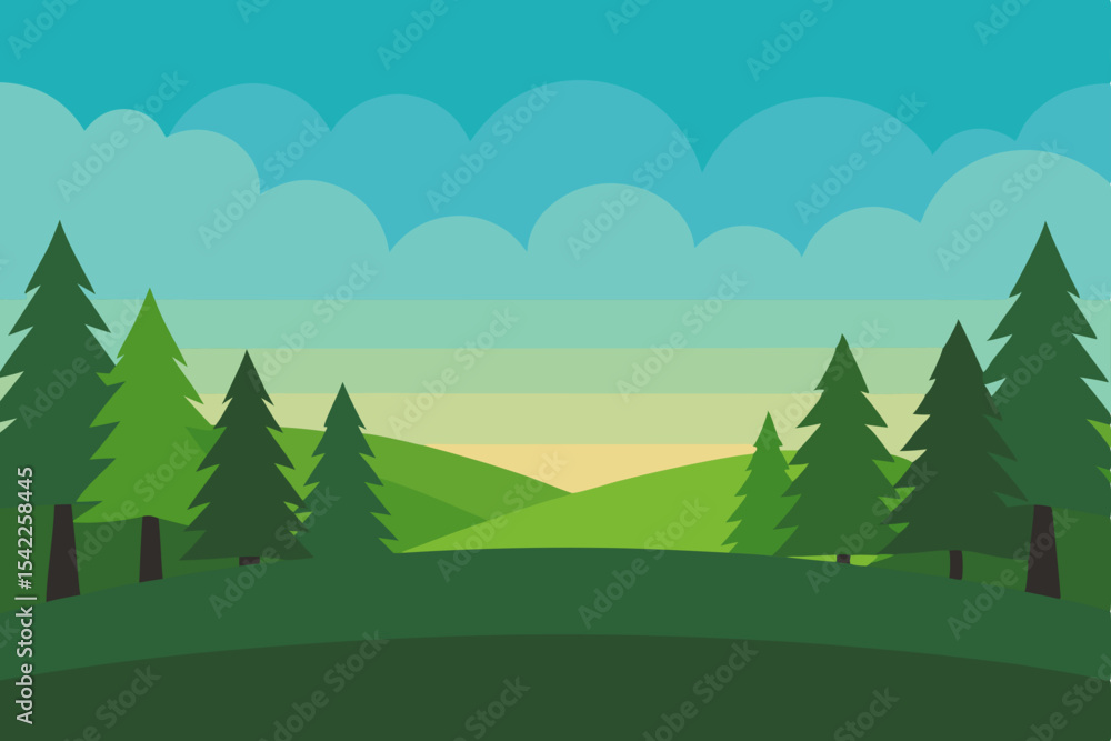 Fototapeta premium Vector illustration of a forest landscape with trees, green grass, and mountains under a summer sky