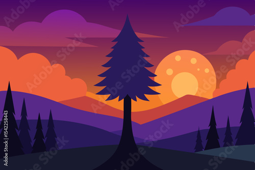 An inspiring vector illustration of a mountain landscape at sunset, featuring silhouetted trees against an orange sky