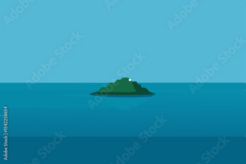 A lone boat navigates the vast blue ocean with an island landscape and a dramatic sunset view on the horizon