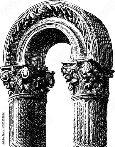 Classical arch keystone with ornate columns in vintage engraving style for historical design