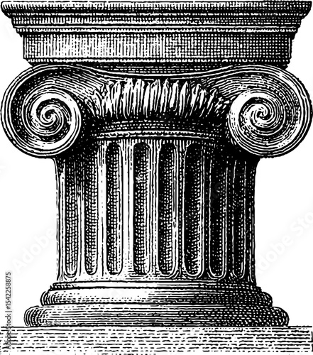 Classical dentil frame with vintage engraving style column capital for architectural design