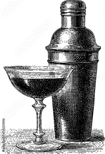 Vintage cocktail shaker and glass in engraving style for bar decor and design