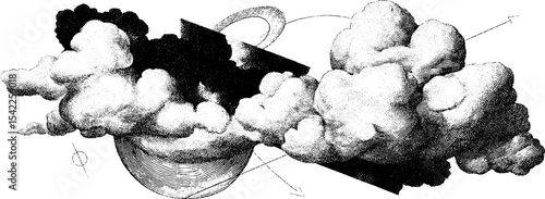 Vintage engraving of cloud and wind symbols with geometric patterns for retro design