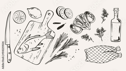 Hand drawn illustration of fish on cutting board with lemon slices and herbs and oil bottle sketch art