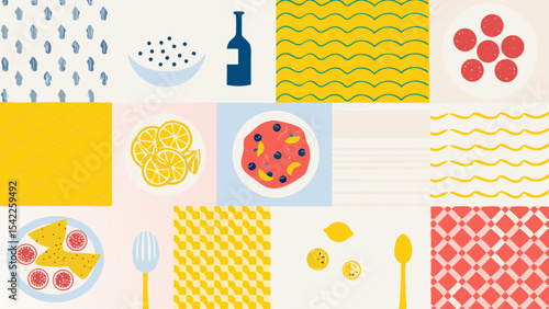 A colorful collage of food items including lemons, pasta, fruit, and a bottle with patterns around it