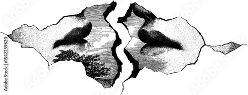 Cracked clay texture in vintage engraving style. Monochrome abstract landscape illustration