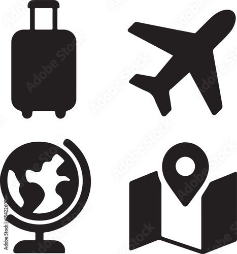 Travel and navigation icon set. Containing suitcase, airplane, globe, and location map symbols. Tourism, vacation, and global mobility silhouettes. Solid icon collection.