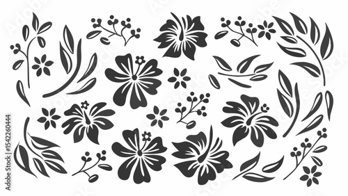 Floral arrangement featuring hibiscus flowers leaves and berries in a monochrome color palette design