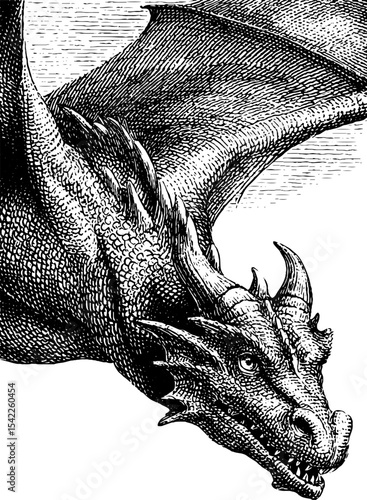 Dragon in flight with vintage engraving style for fantasy design and decoration