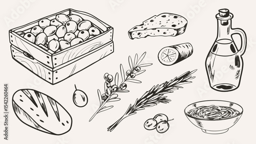 Sketch of olives in a wooden crate, bread, olive oil, and a bowl of olive tapenade on a light background