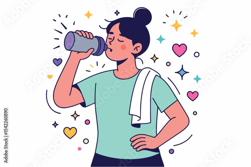 Woman character drinking protein shake from shaker bottle after gym. Fitness and sport outline concept. Vector illustration..
