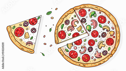 A delicious pizza with pepperoni, mushrooms, olives, and basil, with a slice removed and set aside