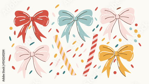 Illustration of colorful bows and striped sticks with confetti on a white background art image