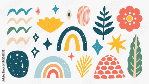 Colorful whimsical shapes and elements including rainbows stars and floral illustrations art design