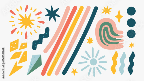 Composition of abstract shapes including stars lines and circles in a playful arrangement style