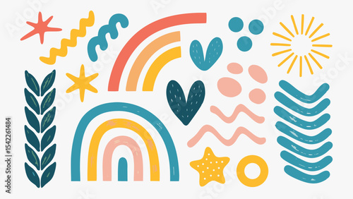 Colorful abstract shapes including rainbows stars hearts and wavy lines on a white background art piece