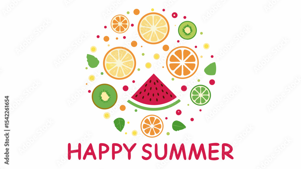 Fototapeta premium Circular arrangement of various fruit slices and leaves with happy summer text below it